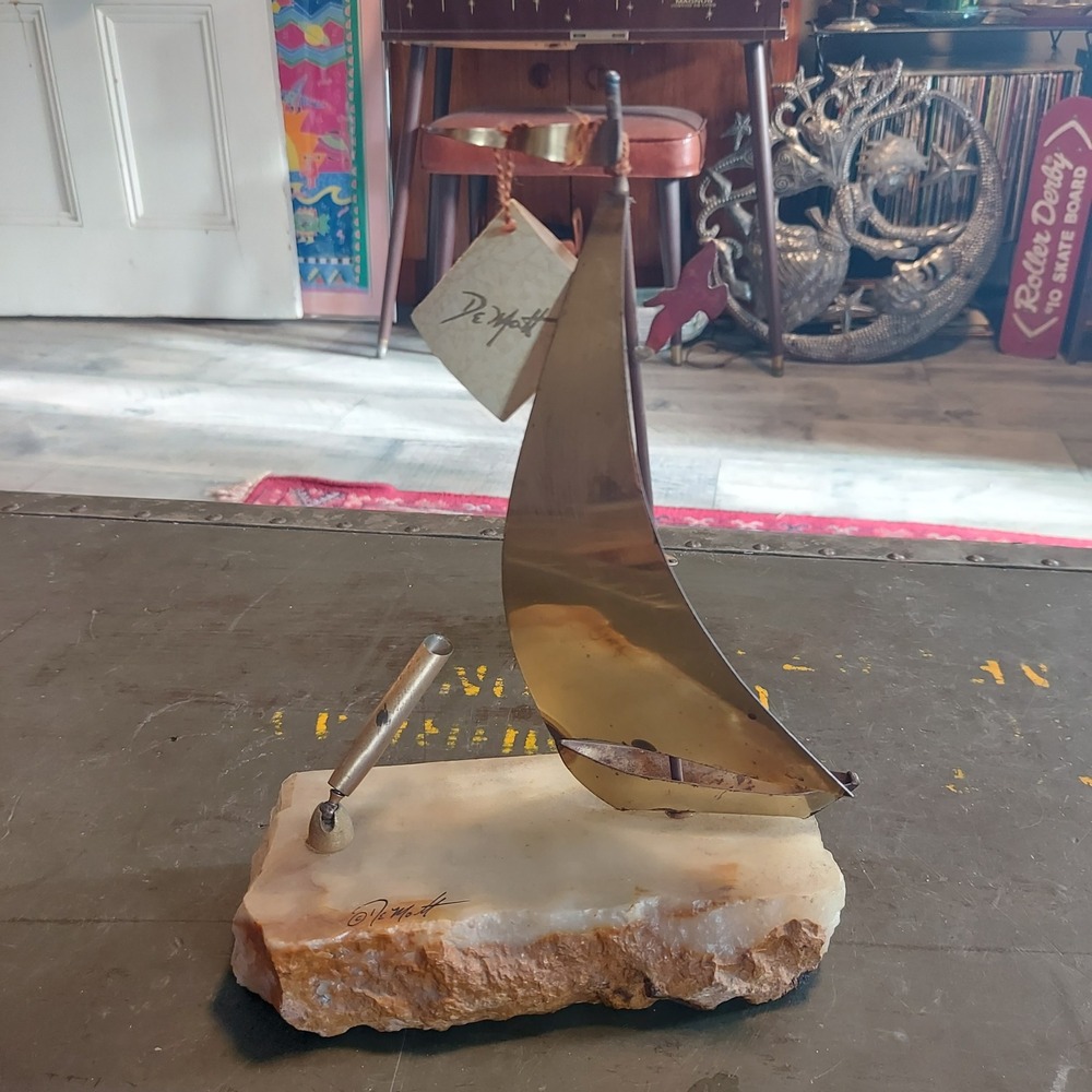 DeMott Brass Sailboat Sculpture Onyx Base Signed Vintage MCM Pen Holder 9.5in